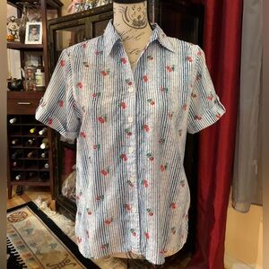 Alfred Dunner Cherry & Striped Semi Short Sleeve Sheer Button Down Blouse
